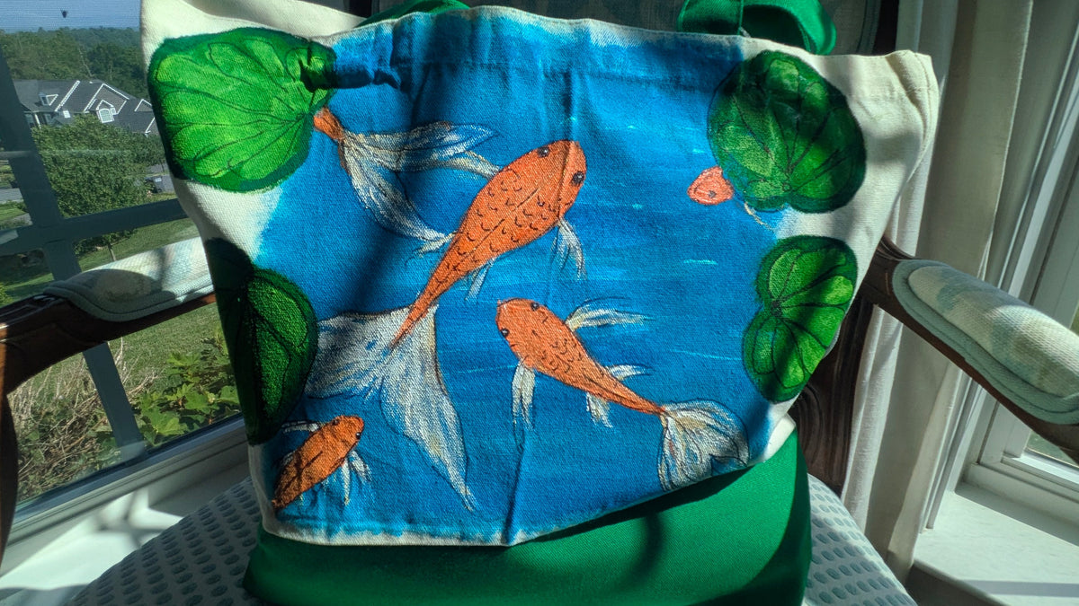 Hand Painted Koi Fish Tote Bag | Colorful Blue Canvas Shoulder Bag | Unique Gift for Fish Lovers