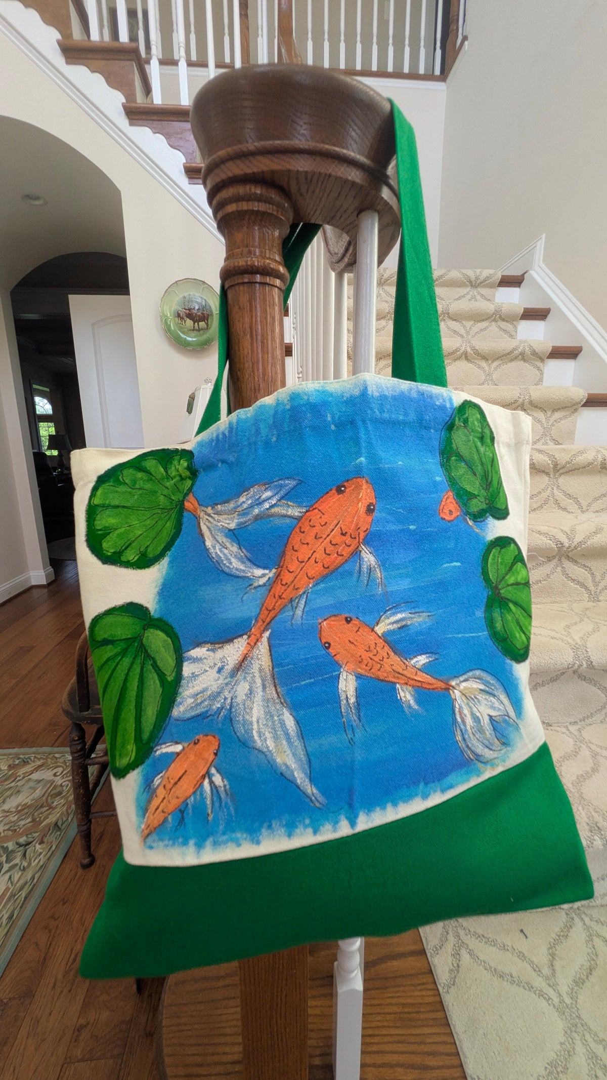 Hand Painted Koi Fish Tote Bag | Colorful Blue Canvas Shoulder Bag | Unique Gift for Fish Lovers