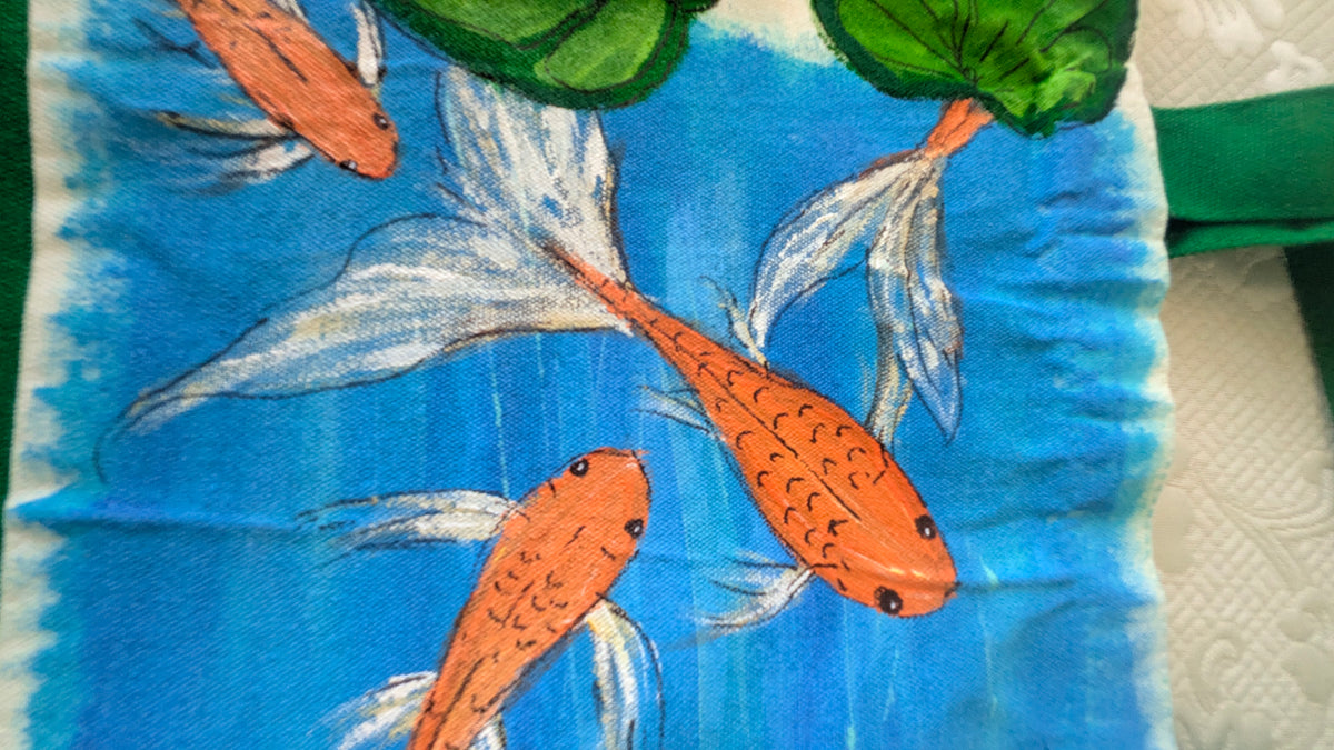 Hand Painted Koi Fish Tote Bag | Colorful Blue Canvas Shoulder Bag | Unique Gift for Fish Lovers