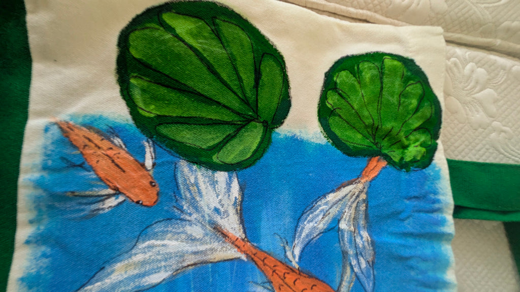 Hand Painted Koi Fish Tote Bag | Colorful Blue Canvas Shoulder Bag | Unique Gift for Fish Lovers