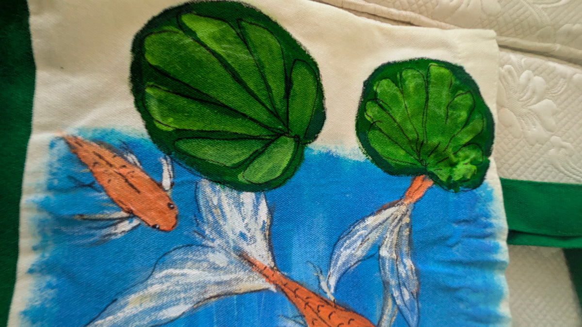 Hand Painted Koi Fish Tote Bag | Colorful Blue Canvas Shoulder Bag | Unique Gift for Fish Lovers