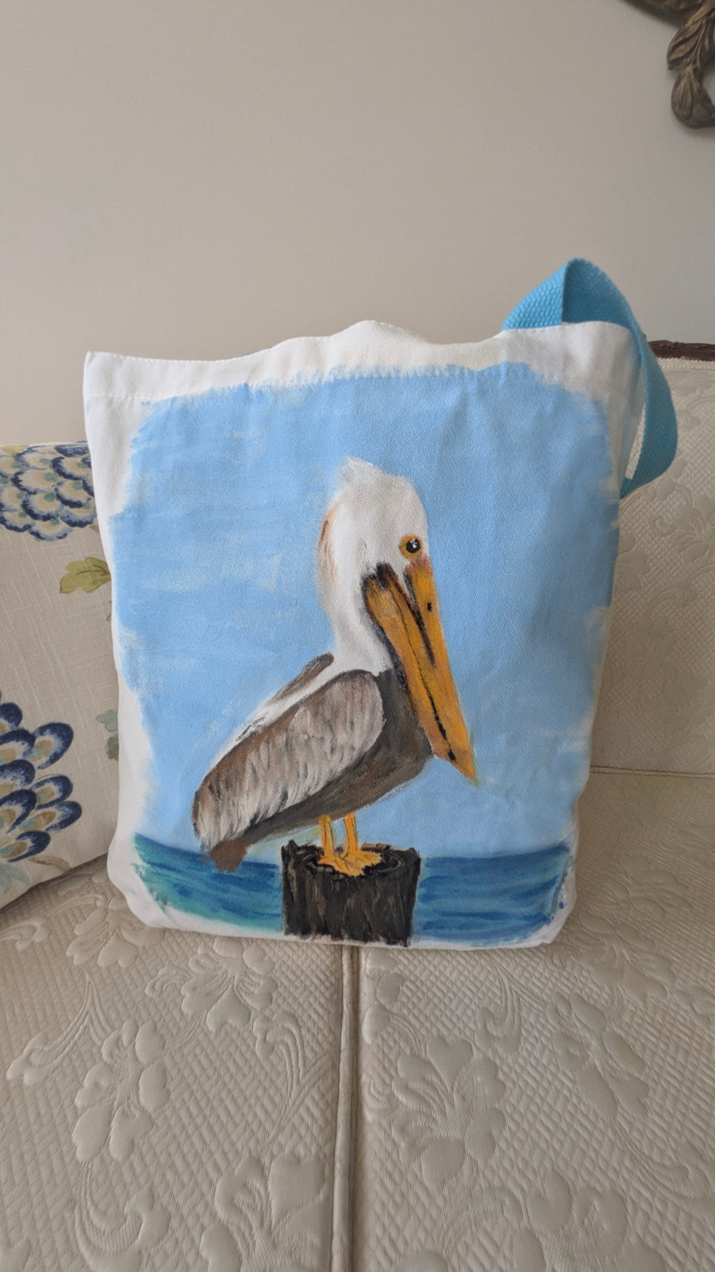 Hand Painted Pelican Tote Bag | Coastal Bird Canvas Bag | Beach Lover Gift
