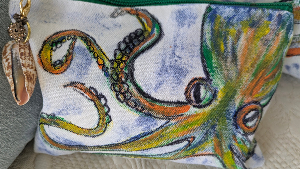 Hand Painted Octopus Tote Bag Set | Ocean Canvas Bag with Matching Pouch & Handmade Charms