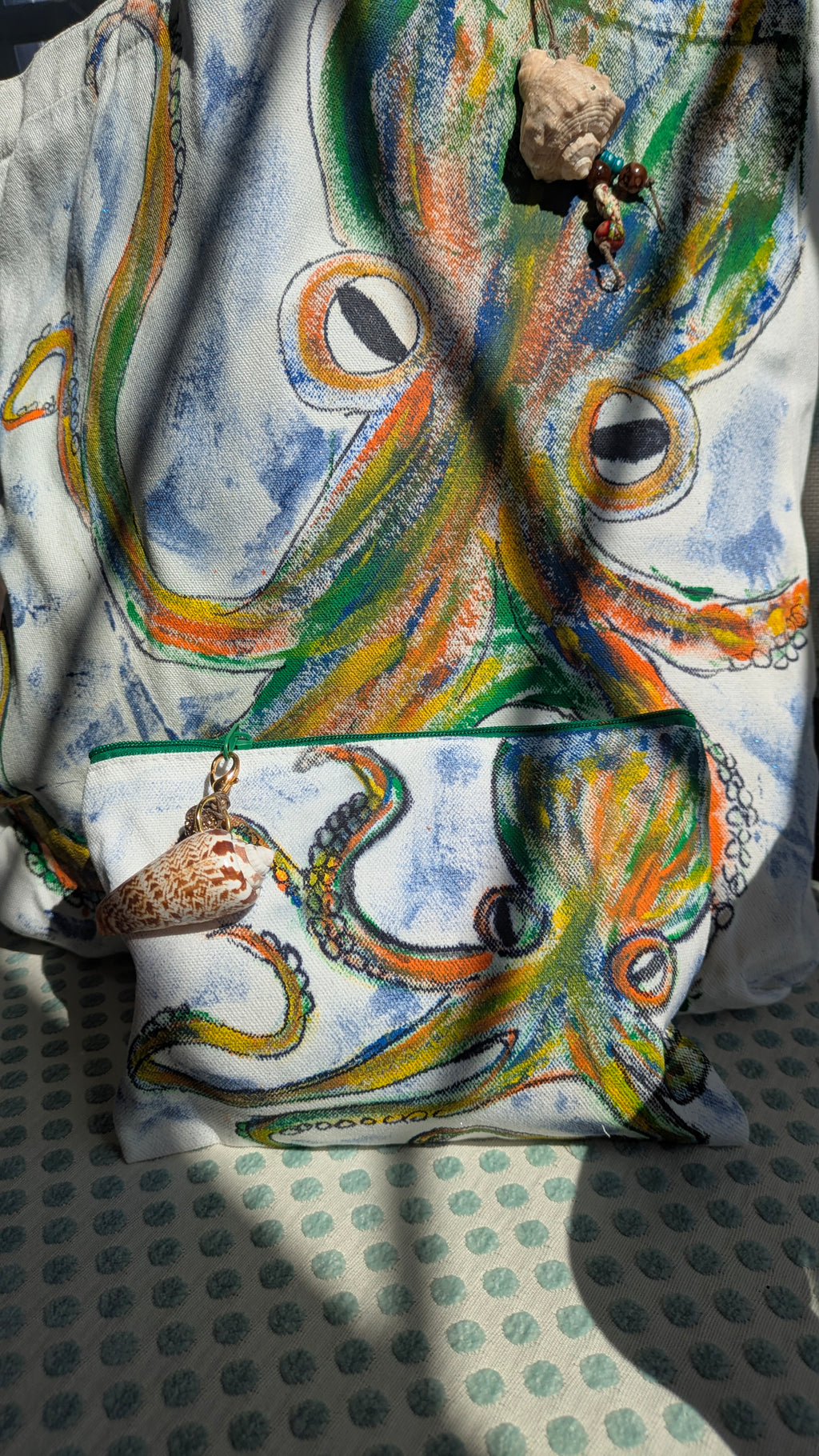 Hand Painted Octopus Tote Bag Set | Ocean Canvas Bag with Matching Pouch & Handmade Charms