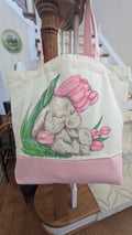 Hand Painted Bunny Tote Bag | Sleeping Rabbit & Pink Tulips Canvas Bag | Cottagecore Gift