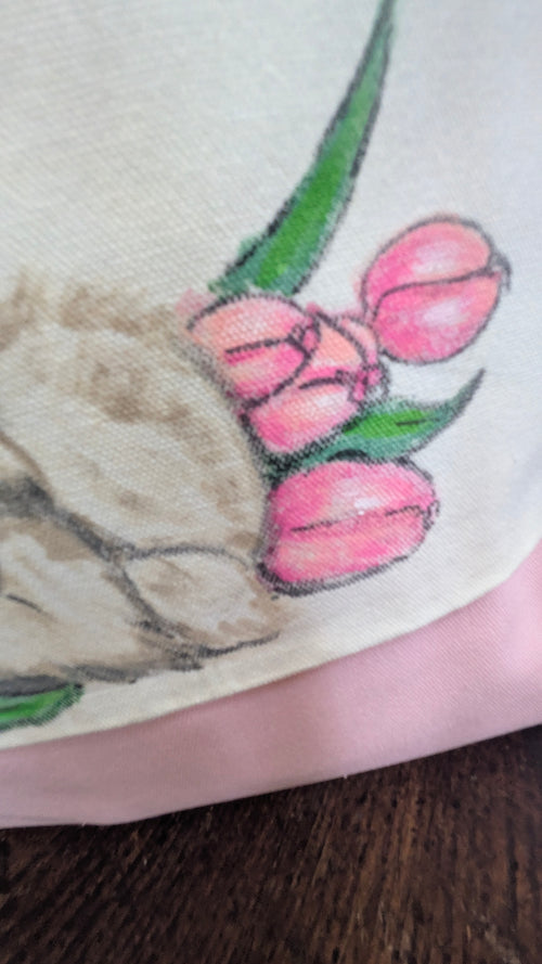 Hand Painted Bunny Tote Bag | Sleeping Rabbit & Pink Tulips Canvas Bag | Cottagecore Gift