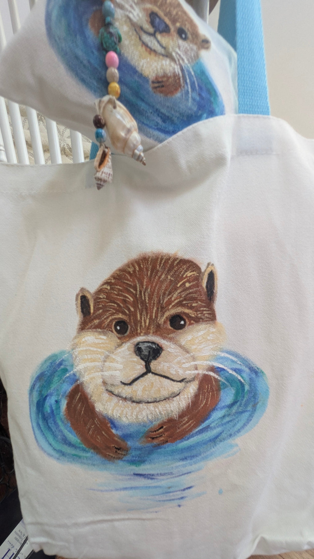 Hand Painted Otter Tote Bag Set | Cute Sea Otter Canvas Bag with Matching Pouch & Seashell Charms