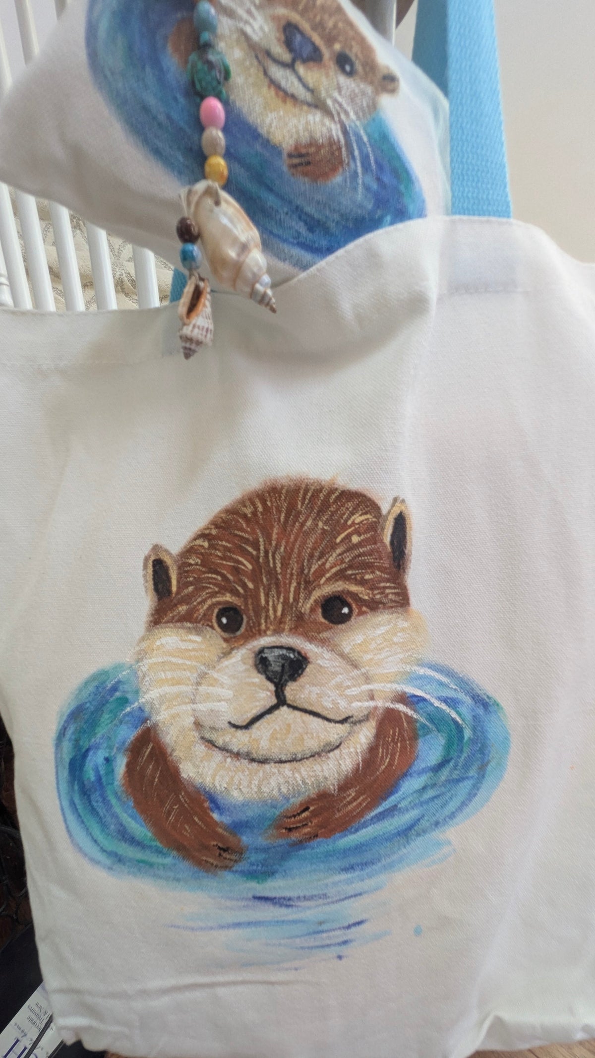 Hand Painted Otter Tote Bag Set | Cute Sea Otter Canvas Bag with Matching Pouch & Seashell Charms
