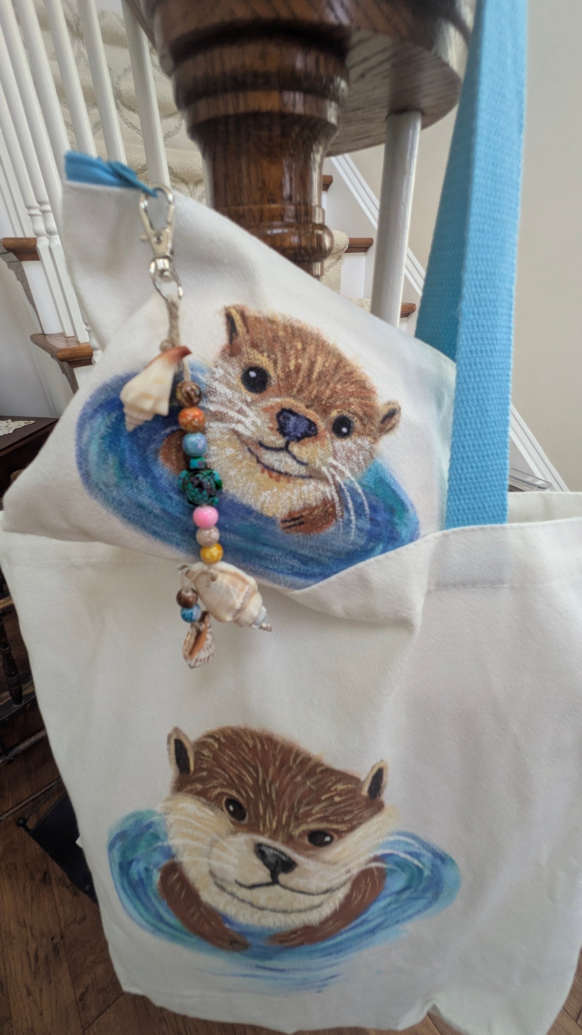 Hand Painted Otter Tote Bag Set | Cute Sea Otter Canvas Bag with Matching Pouch & Seashell Charms