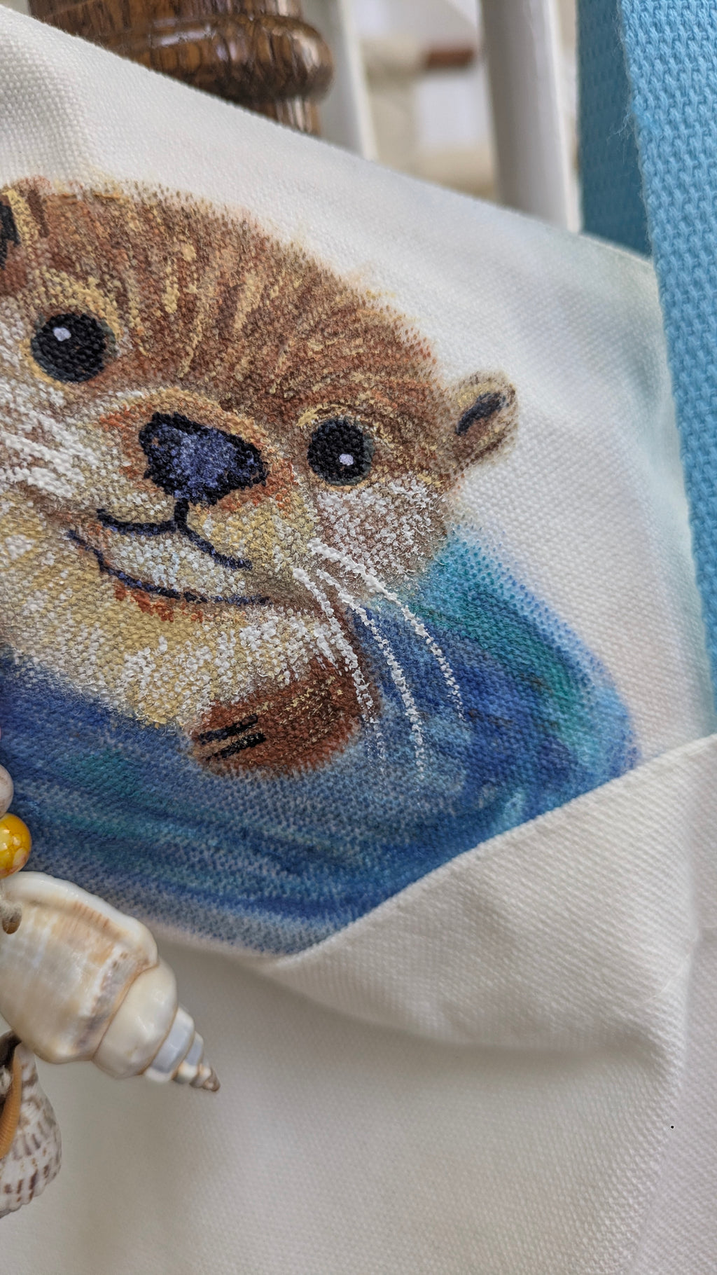 Hand Painted Otter Tote Bag Set | Cute Sea Otter Canvas Bag with Matching Pouch & Seashell Charms