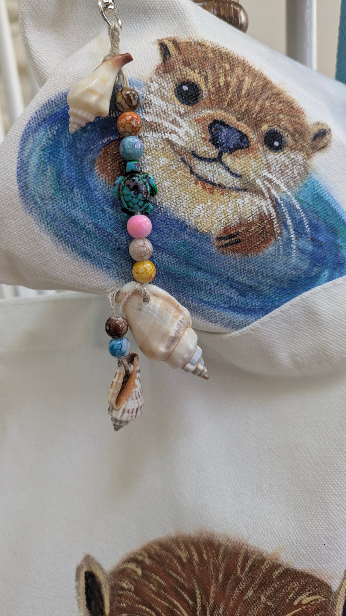 Hand Painted Otter Tote Bag Set | Cute Sea Otter Canvas Bag with Matching Pouch & Seashell Charms