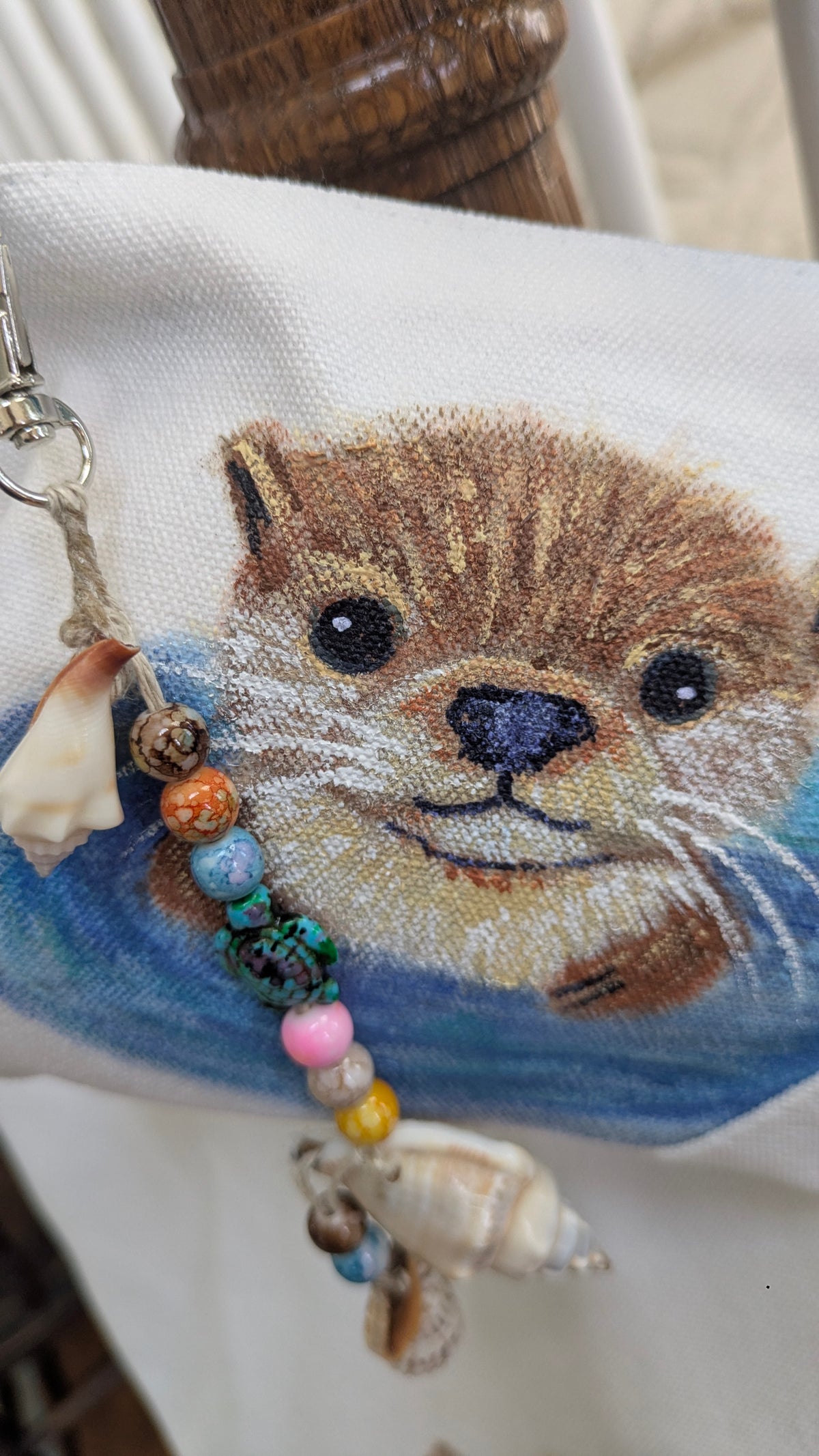 Hand Painted Otter Tote Bag Set | Cute Sea Otter Canvas Bag with Matching Pouch & Seashell Charms