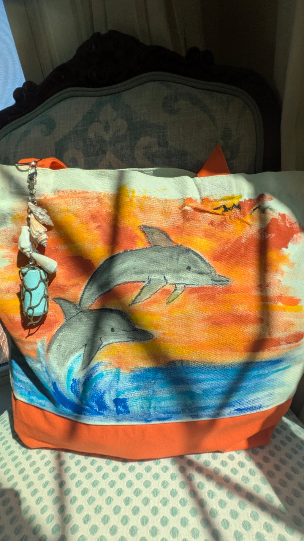Hand Painted Dolphin Tote Bag | Ocean Sunset Canvas Beach Bag with Seashell & Buoy Charm