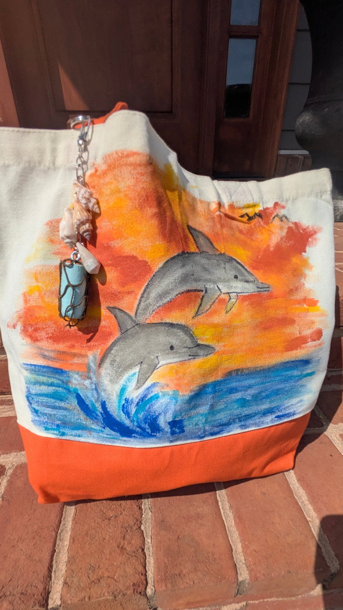 Hand Painted Dolphin Tote Bag | Ocean Sunset Canvas Beach Bag with Seashell & Buoy Charm