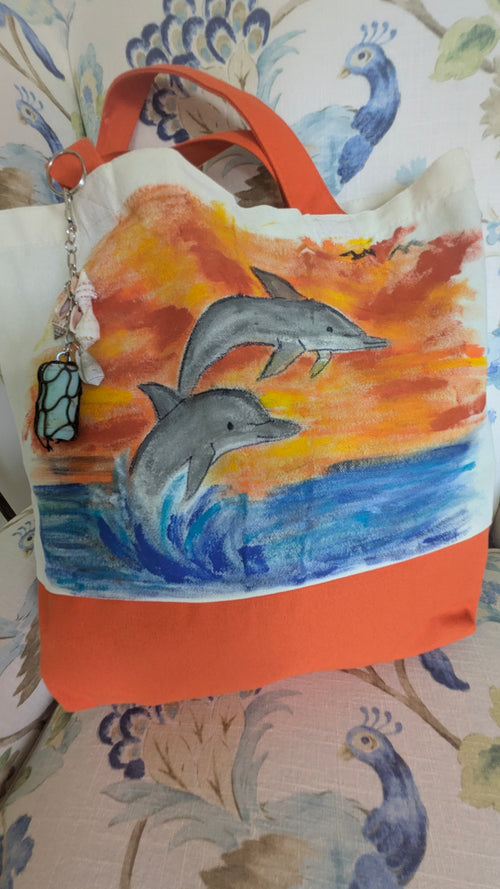 Hand Painted Dolphin Tote Bag | Ocean Sunset Canvas Beach Bag with Seashell & Buoy Charm