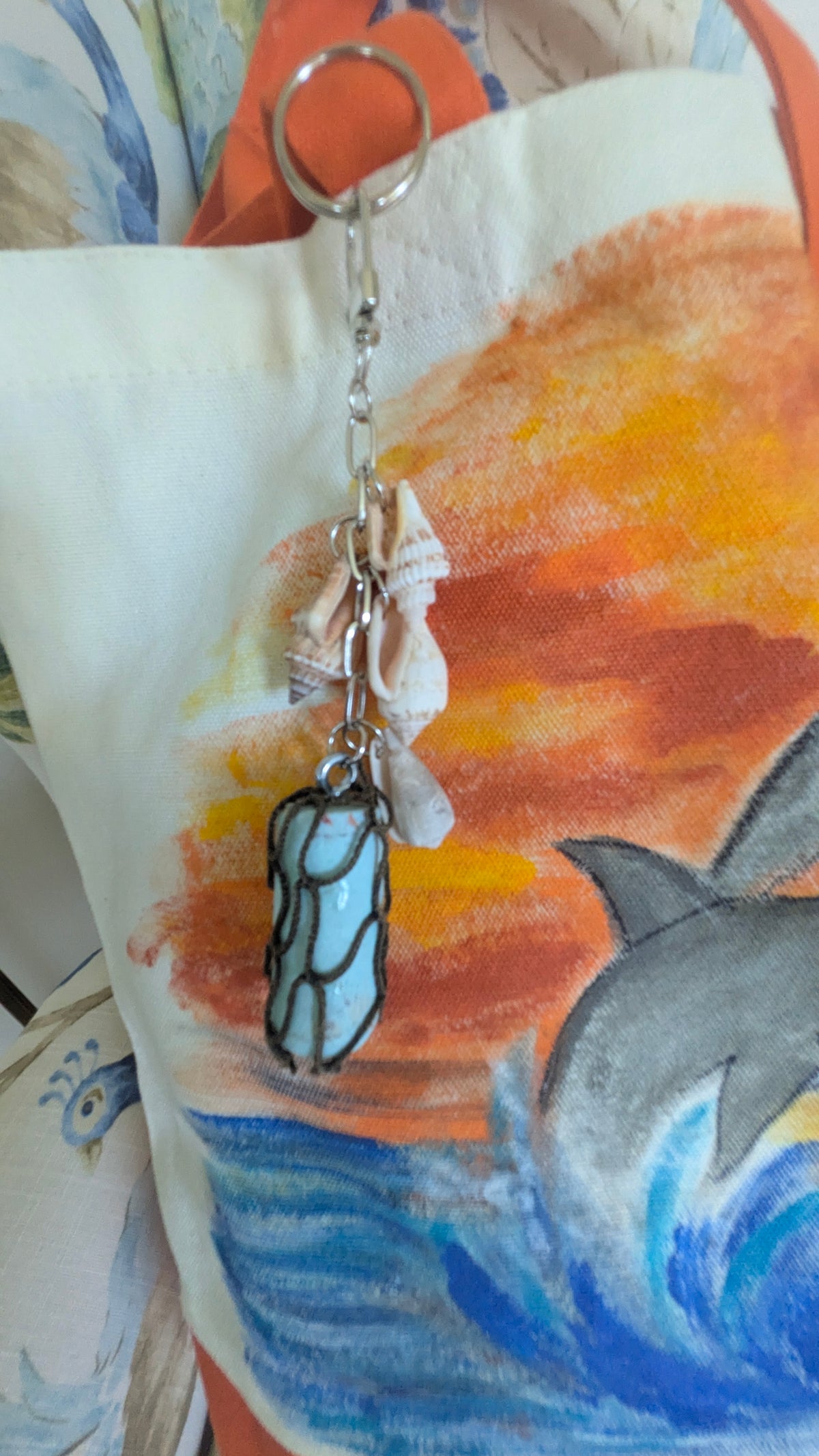 Hand Painted Dolphin Tote Bag | Ocean Sunset Canvas Beach Bag with Seashell & Buoy Charm