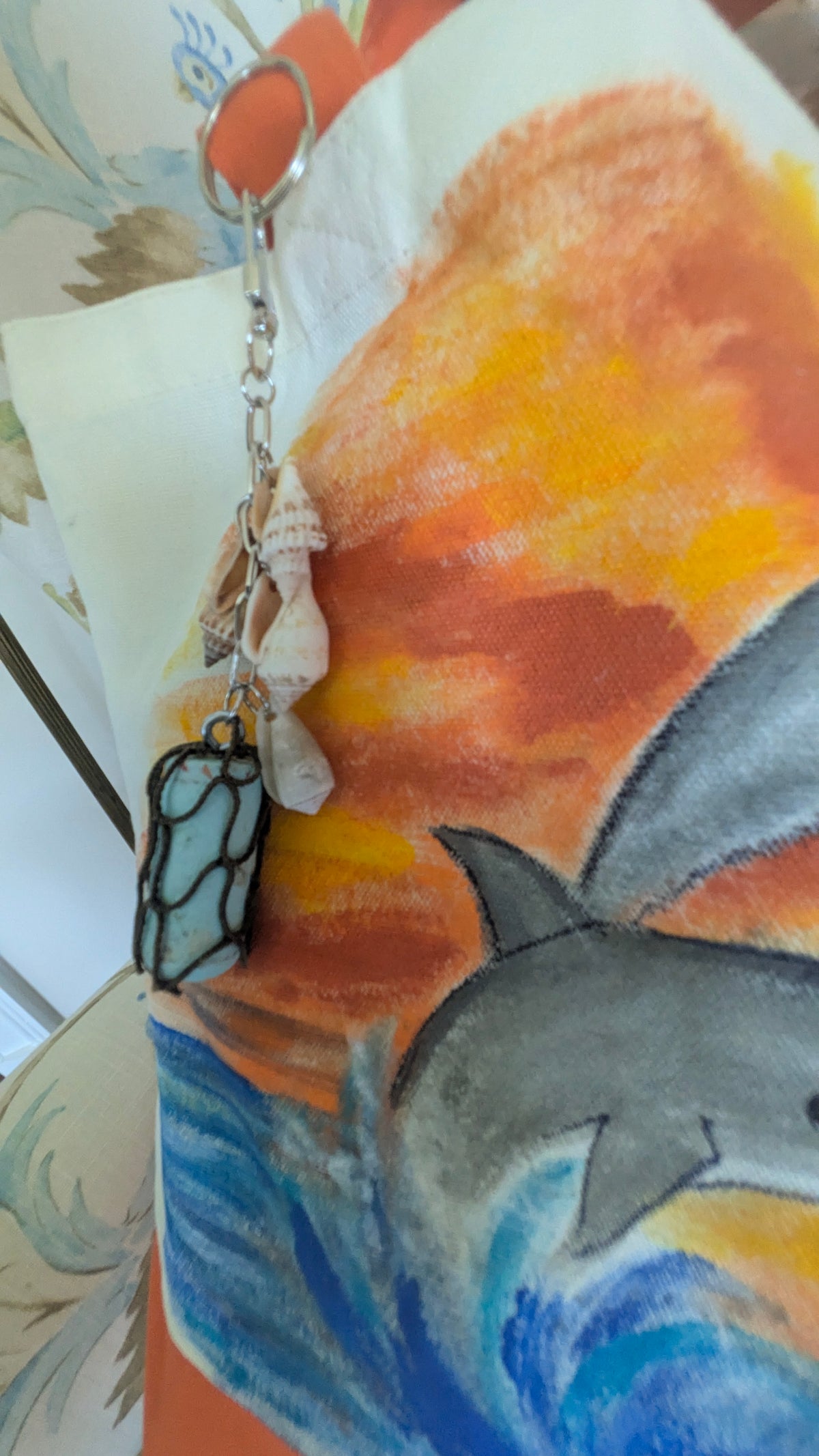 Hand Painted Dolphin Tote Bag | Ocean Sunset Canvas Beach Bag with Seashell & Buoy Charm