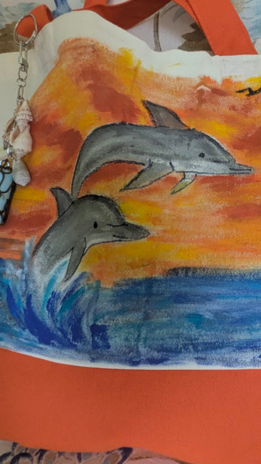 Hand Painted Dolphin Tote Bag | Ocean Sunset Canvas Beach Bag with Seashell & Buoy Charm