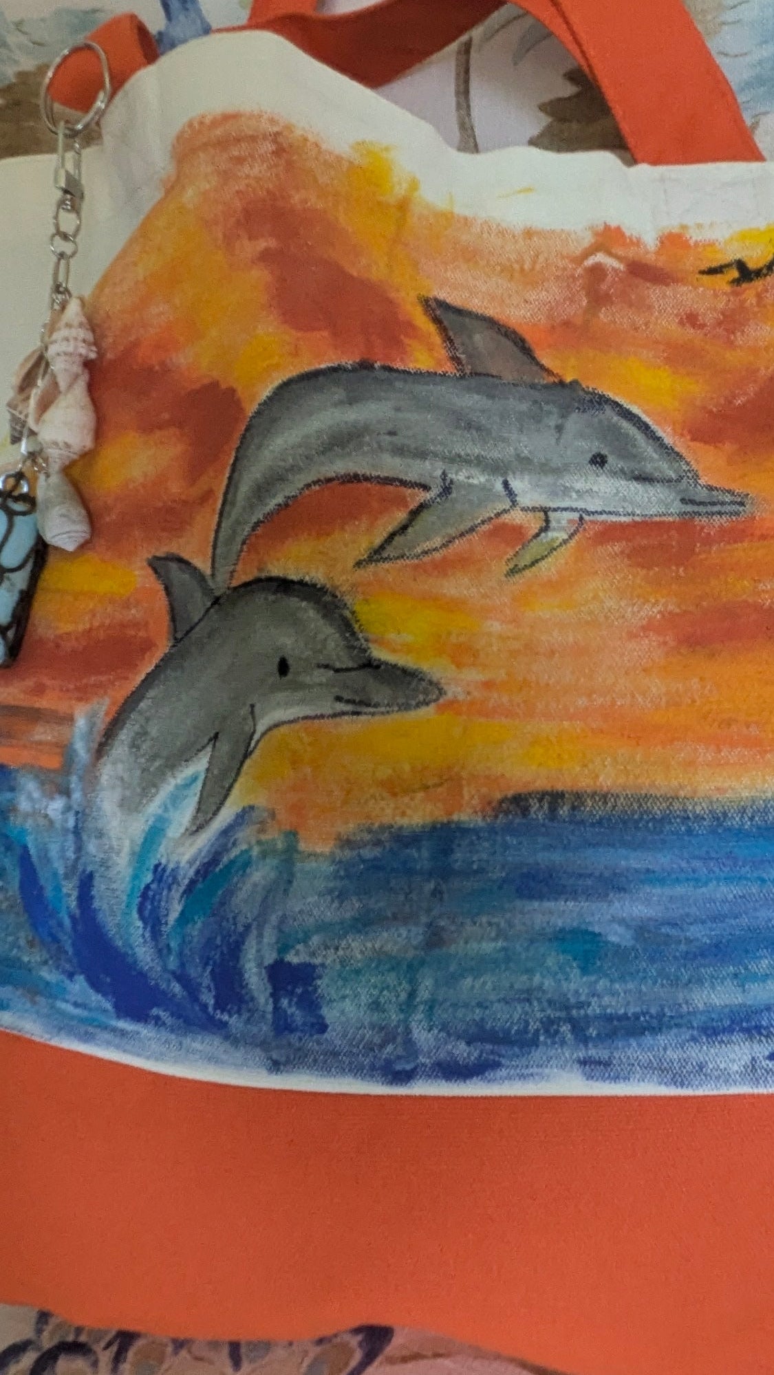 Hand Painted Dolphin Tote Bag | Ocean Sunset Canvas Beach Bag with Seashell & Buoy Charm