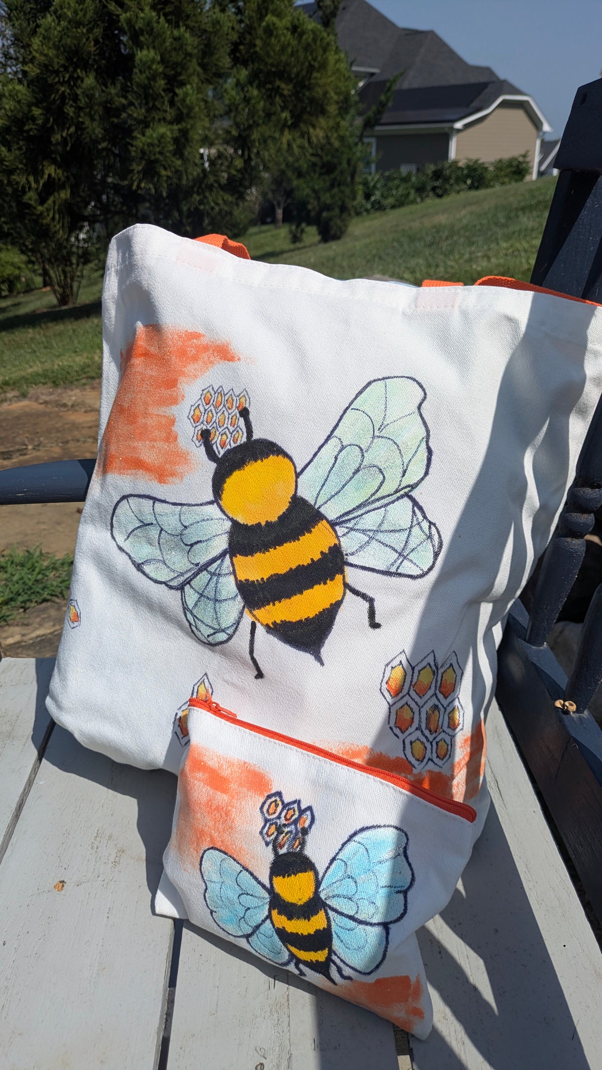 Hand Painted Bumblebee Tote Bag Set with Matching Accessory Pouch | Cute Bee Gift