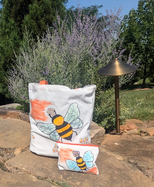 Hand Painted Bumblebee Tote Bag Set with Matching Accessory Pouch | Cute Bee Gift