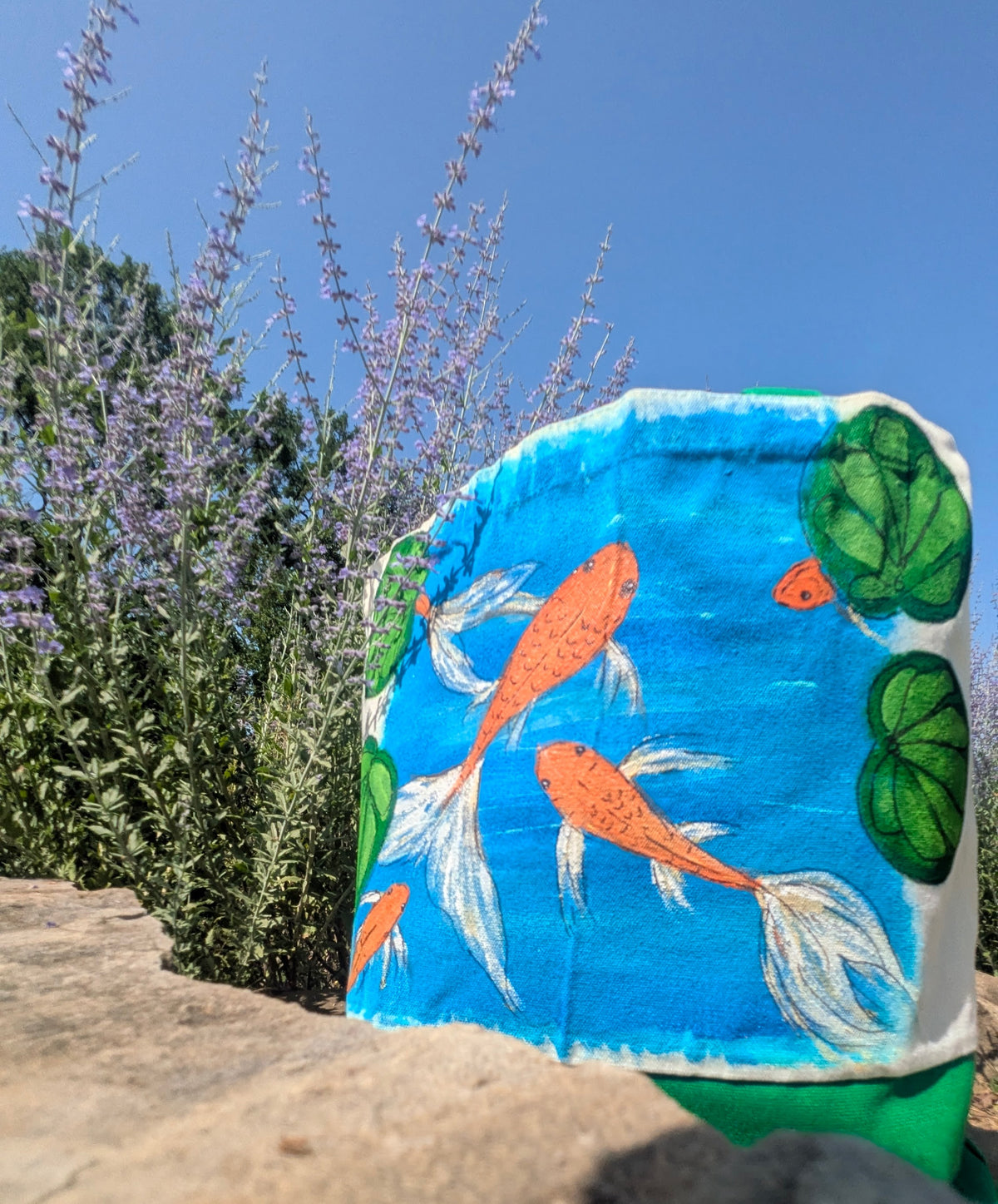 Hand Painted Koi Fish Tote Bag | Colorful Blue Canvas Shoulder Bag | Unique Gift for Fish Lovers