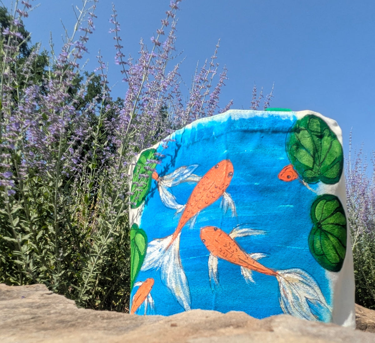 Hand Painted Koi Fish Tote Bag | Colorful Blue Canvas Shoulder Bag | Unique Gift for Fish Lovers