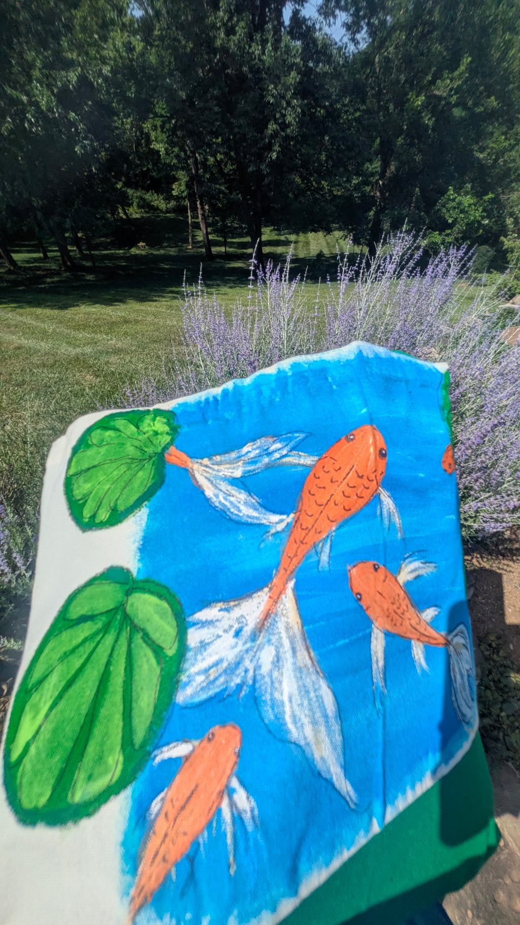 Hand Painted Koi Fish Tote Bag | Colorful Blue Canvas Shoulder Bag | Unique Gift for Fish Lovers