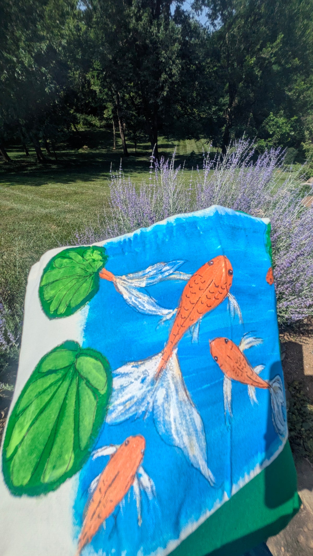 Hand Painted Koi Fish Tote Bag | Colorful Blue Canvas Shoulder Bag | Unique Gift for Fish Lovers
