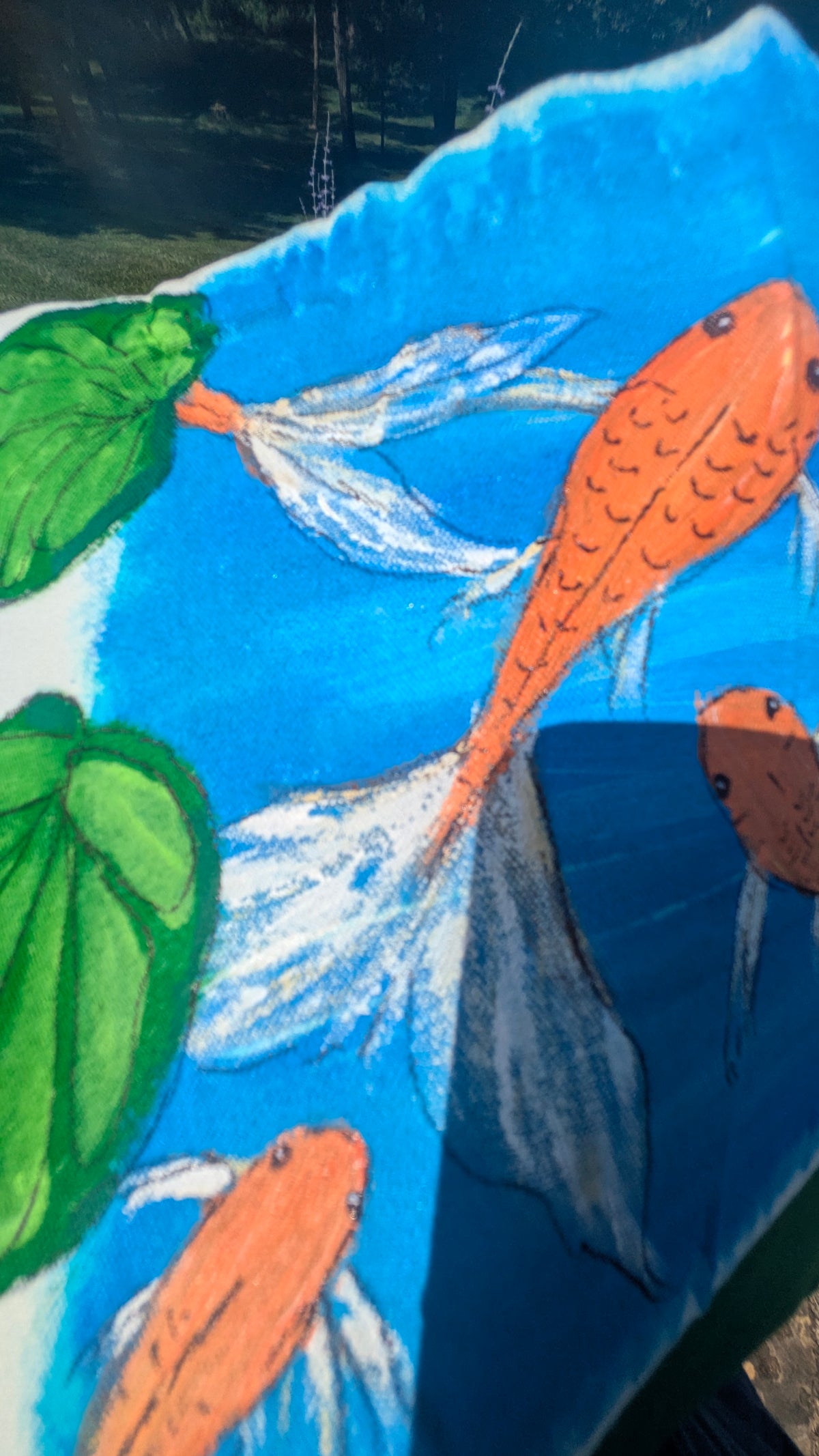 Hand Painted Koi Fish Tote Bag | Colorful Blue Canvas Shoulder Bag | Unique Gift for Fish Lovers