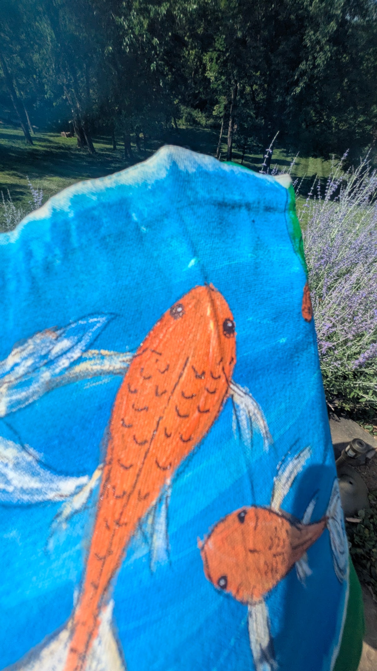 Hand Painted Koi Fish Tote Bag | Colorful Blue Canvas Shoulder Bag | Unique Gift for Fish Lovers