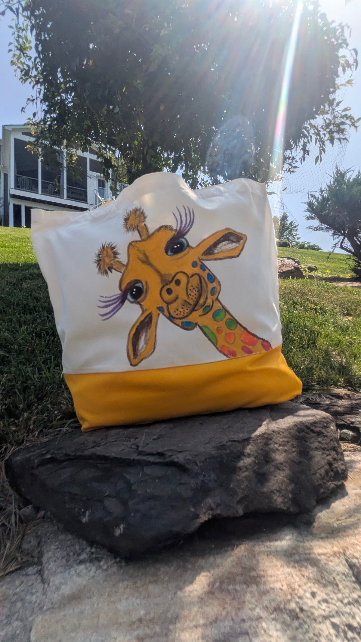 Hand Painted Giraffe Tote Bag | Colorful Rainbow Spotted Giraffe Canvas Bag | Unique Gift for Animal Lovers