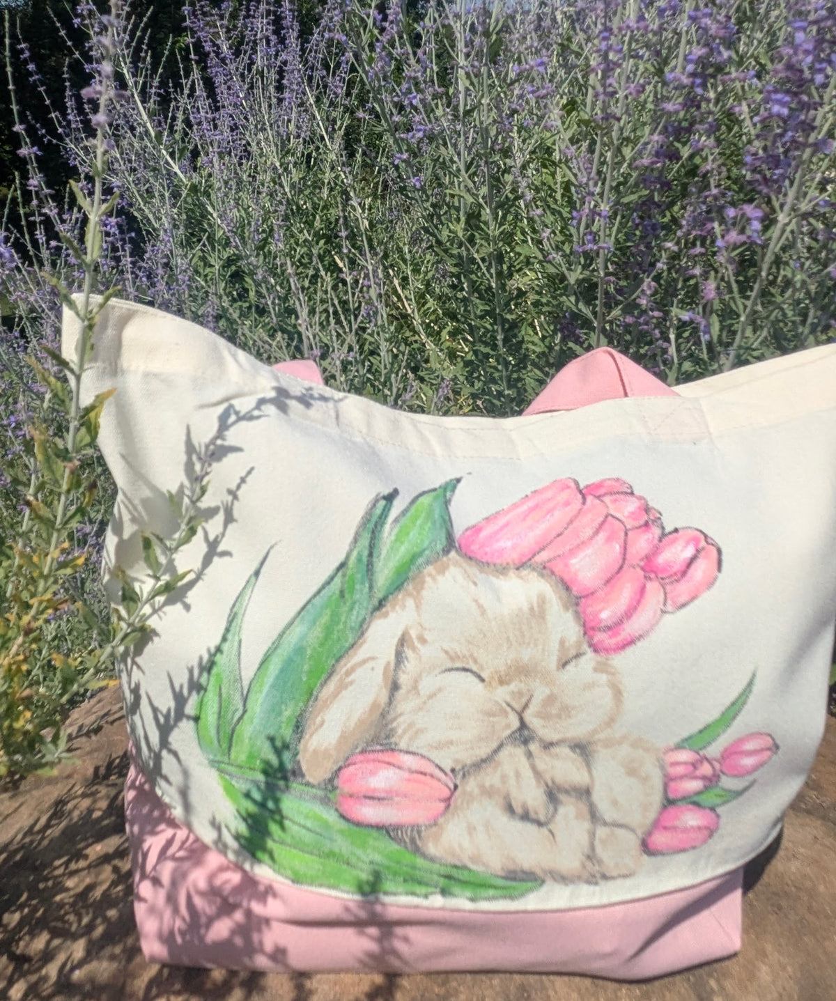 Hand Painted Bunny Tote Bag | Sleeping Rabbit & Pink Tulips Canvas Bag | Cottagecore Gift