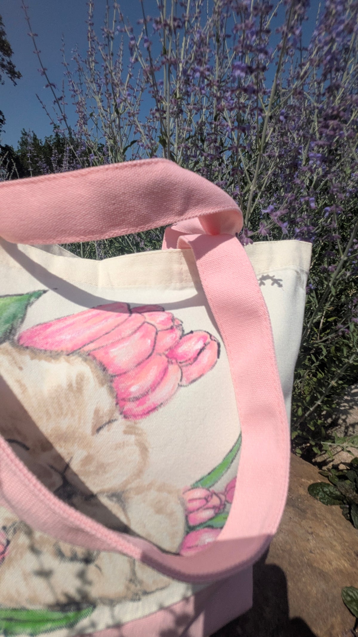 Hand Painted Bunny Tote Bag | Sleeping Rabbit & Pink Tulips Canvas Bag | Cottagecore Gift