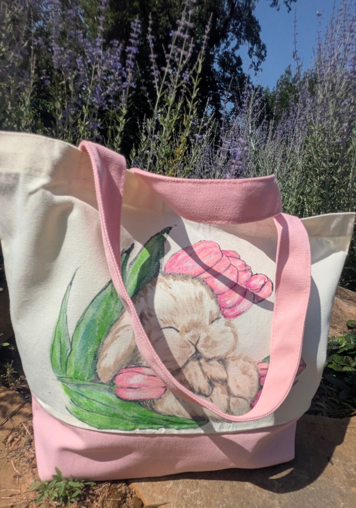 Hand Painted Bunny Tote Bag | Sleeping Rabbit & Pink Tulips Canvas Bag | Cottagecore Gift