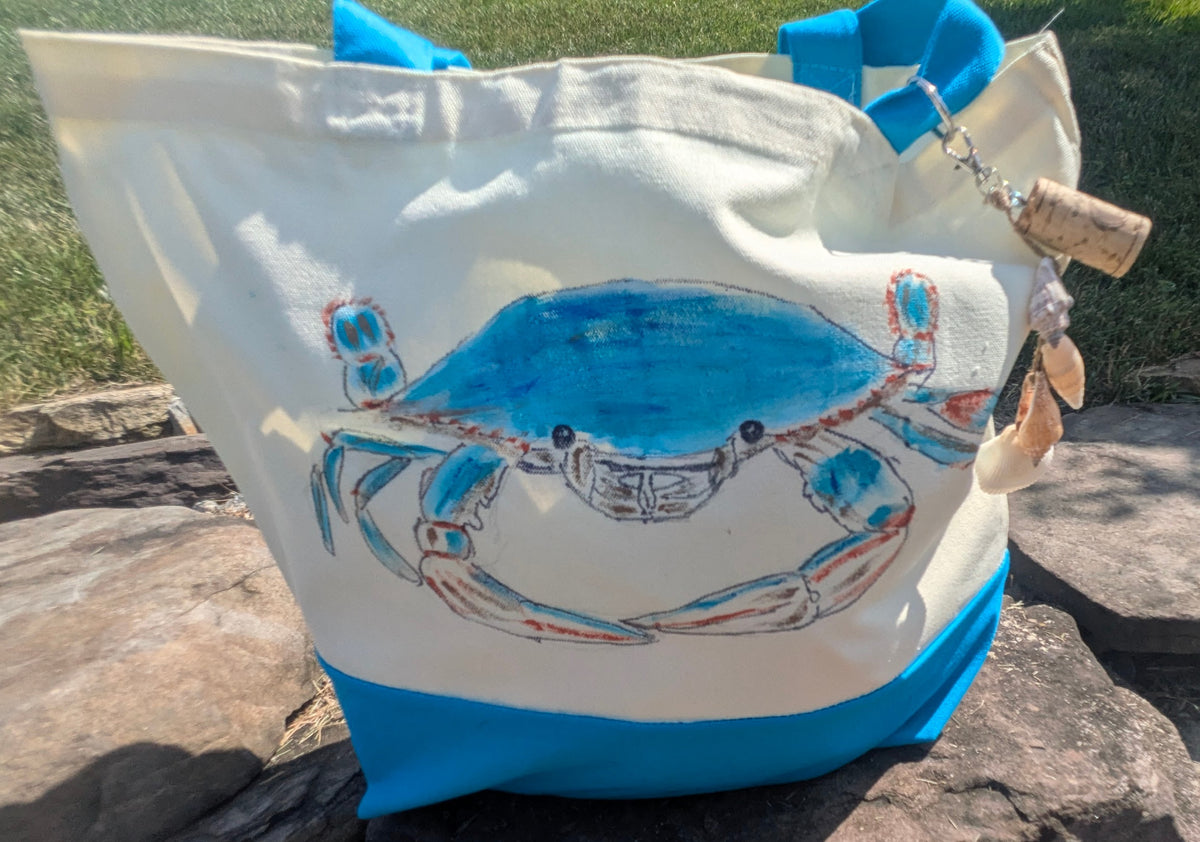 Hand Painted Blue Crab Tote Bag - Coastal Canvas Beach Bag with Seashell Charm. Great Farmer's Market Tote