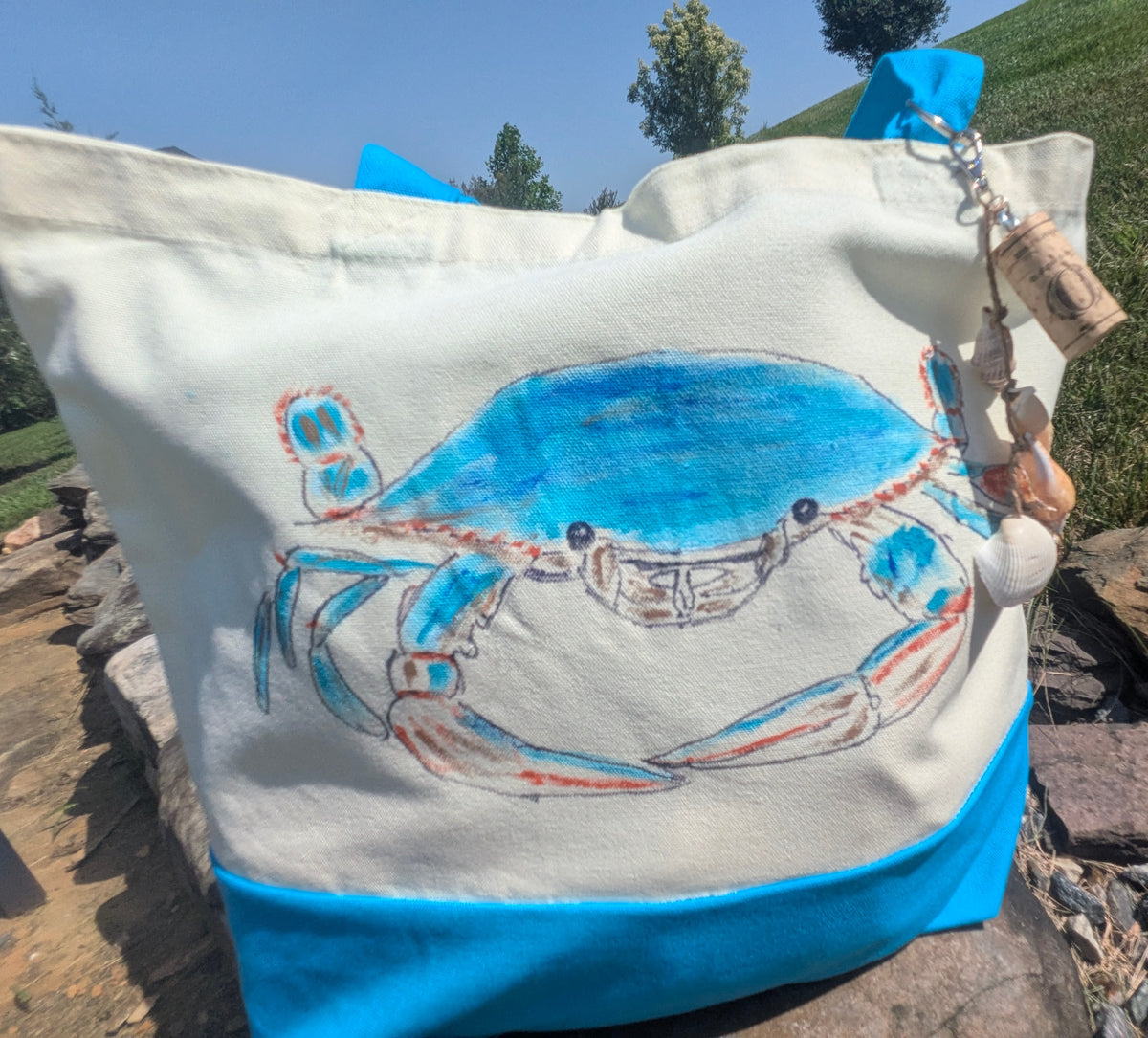 Hand Painted Blue Crab Tote Bag - Coastal Canvas Beach Bag with Seashell Charm. Great Farmer's Market Tote