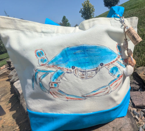Hand Painted Blue Crab Tote Bag - Coastal Canvas Beach Bag with Seashell Charm. Great Farmer's Market Tote