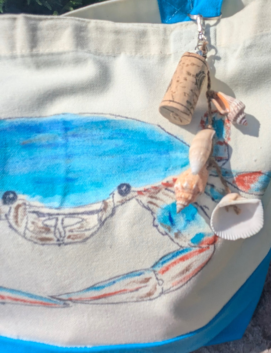 Hand Painted Blue Crab Tote Bag - Coastal Canvas Beach Bag with Seashell Charm. Great Farmer's Market Tote