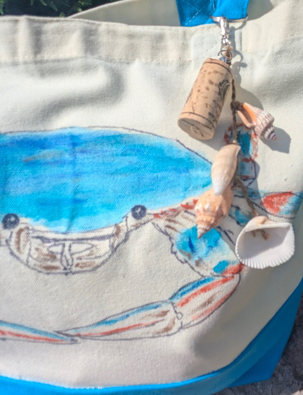 Hand Painted Blue Crab Tote Bag - Coastal Canvas Beach Bag with Seashell Charm. Great Farmer's Market Tote