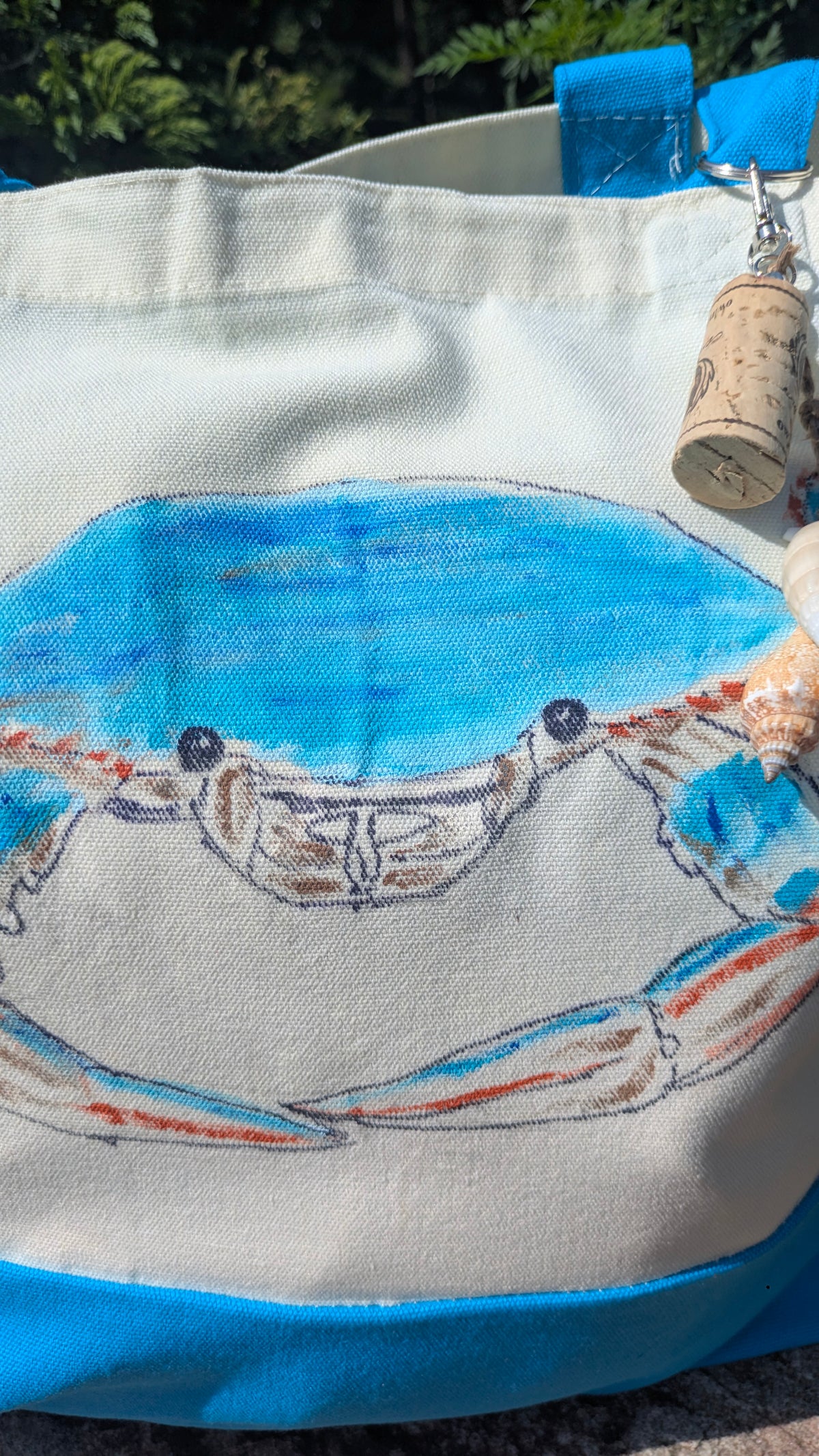 Hand Painted Blue Crab Tote Bag - Coastal Canvas Beach Bag with Seashell Charm. Great Farmer's Market Tote