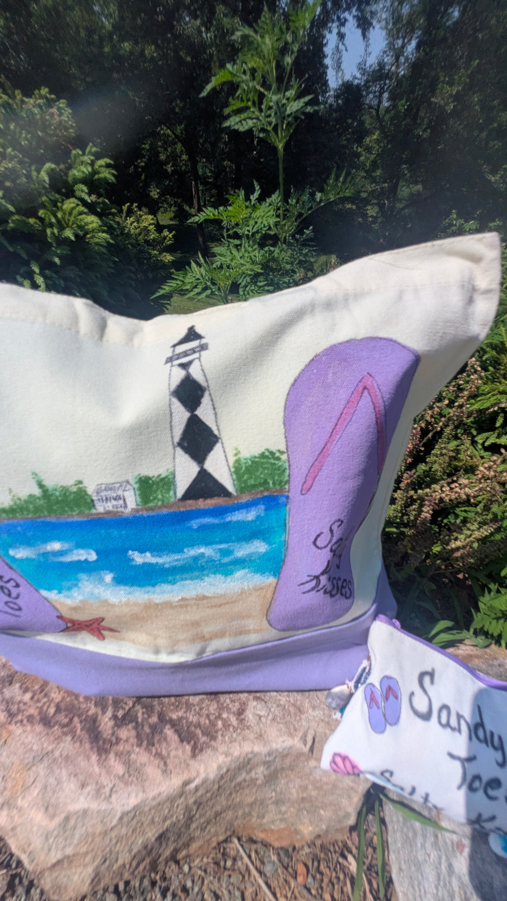 Hand Painted Lighthouse Beach Tote Bag Set | Coastal Canvas Bag with Matching Pouch & Charm
