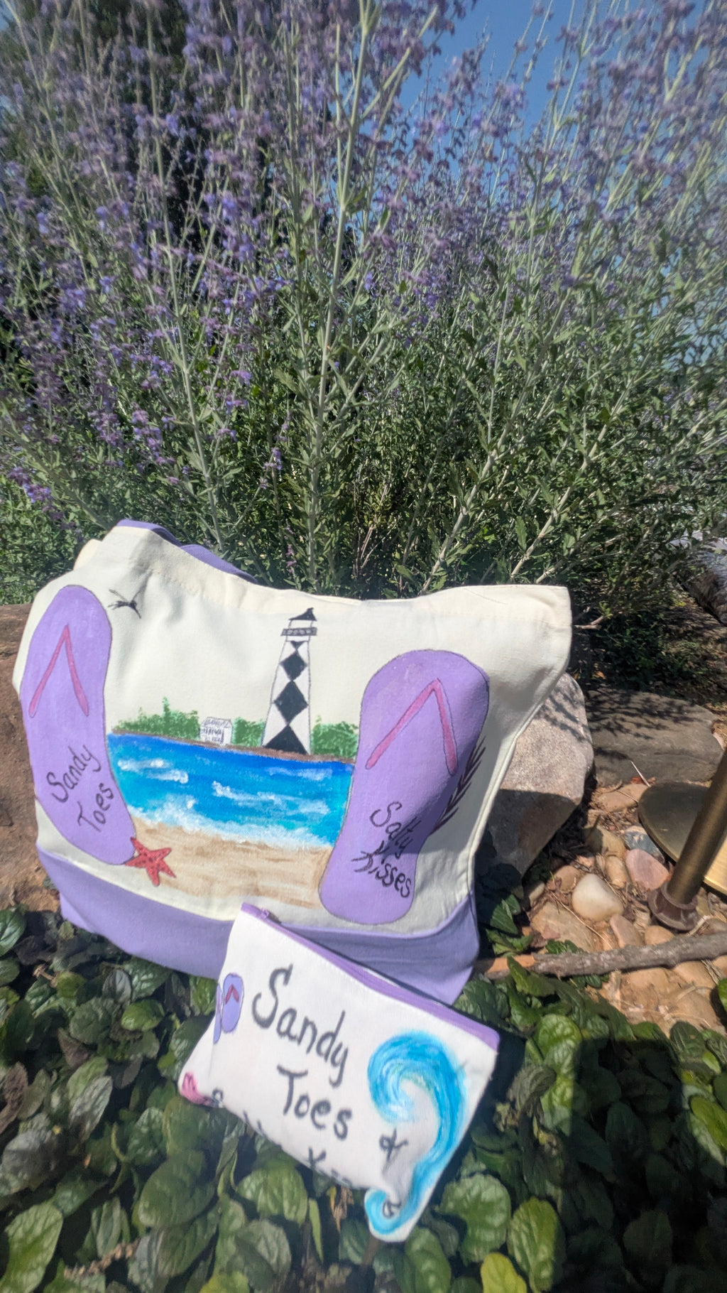 Hand Painted Lighthouse Beach Tote Bag Set | Coastal Canvas Bag with Matching Pouch & Charm
