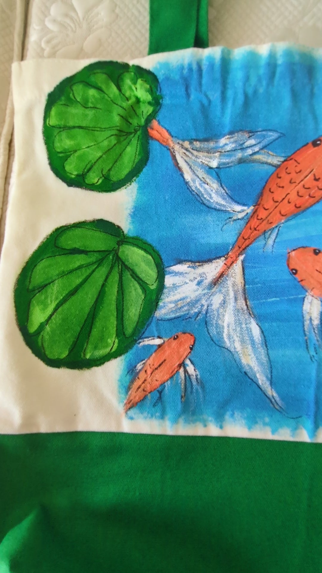 Hand Painted Koi Fish Tote Bag | Colorful Blue Canvas Shoulder Bag | Unique Gift for Fish Lovers