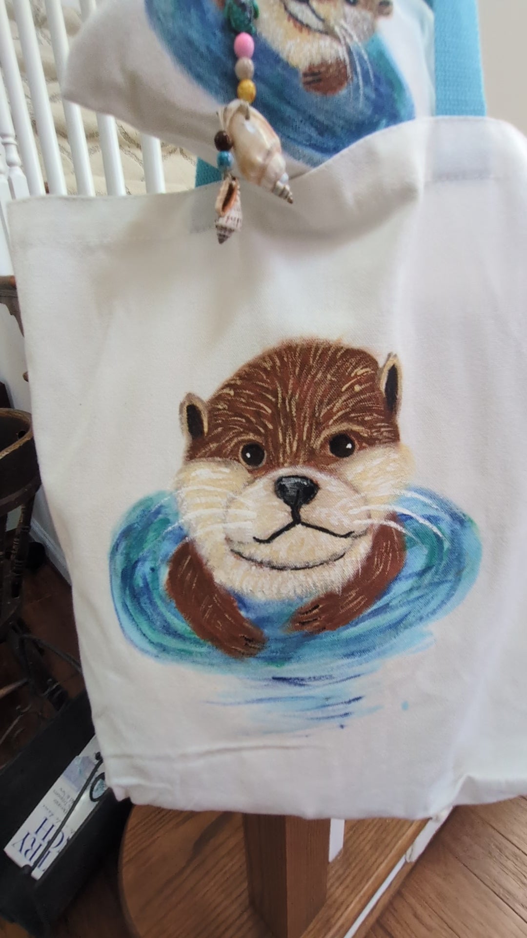 Hand Painted Otter Tote Bag Set | Cute Sea Otter Canvas Bag with Matching Pouch & Seashell Charms